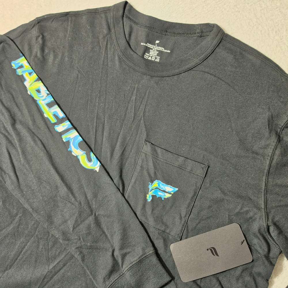 NEW Fabletics L/S Pocket Tee Mens L Black Graphic Heavyweight Relaxed Fit $65